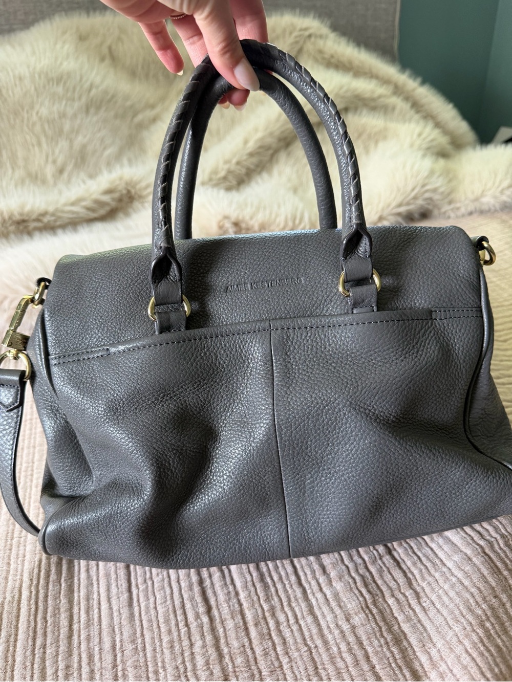 Aimee Kestenberg Soho gray pebbled leather moto zipper bag - Picture 4 of 10